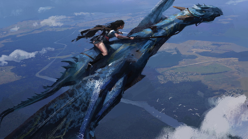 motion, lifestyles, sea, blue, dragon, two people, outdoors, men, fantasy art, exhilaration, side view, sport, adult, fantasy girl, mid-air, flying, full length
