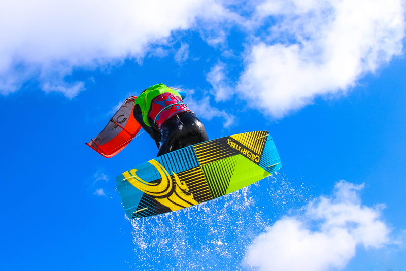beach, fun, ocean, low angle view, 8K, digital composite, nature, exhilaration, wakeboard, kiteboarding, blue, clouds, boarding, kite, leisure, extreme sports