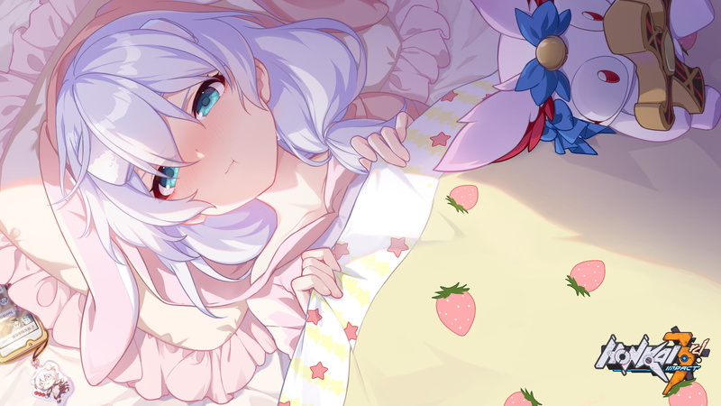long hair, video games, Honkai Impact, Honkai Impact 3rd, white hair, digital art, bed, 1080P, Theresa Apocalypse, blue eyes, anime girls, artwork