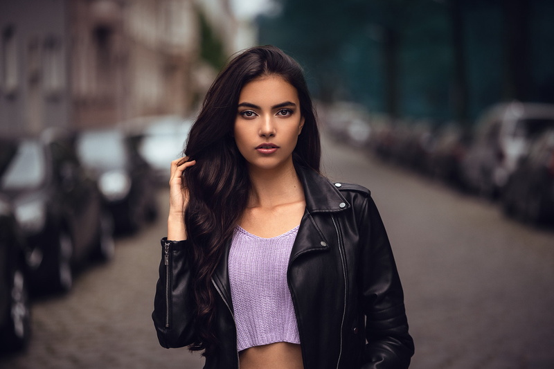 Anatoli Oskin, leather jackets, portrait, women outdoors, Laura Theresa, 1080P, pink lipstick, women
