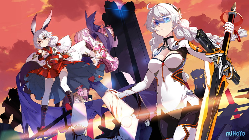 Honkai Impact, artwork, white hair, long hair, anime girls, 1080P, fantasy weapon, Theresa Apocalypse, Honkai Impact 3rd, blue eyes, Kiana Kaslana, digital art