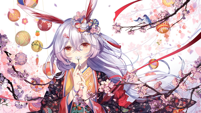 kimono, anime girls, red eyes, rings, barrette, ribbons, Japanese kimono, Theresa Apocalypse, sakura (tree), long hair, anime, 2K, bunny ears, petals