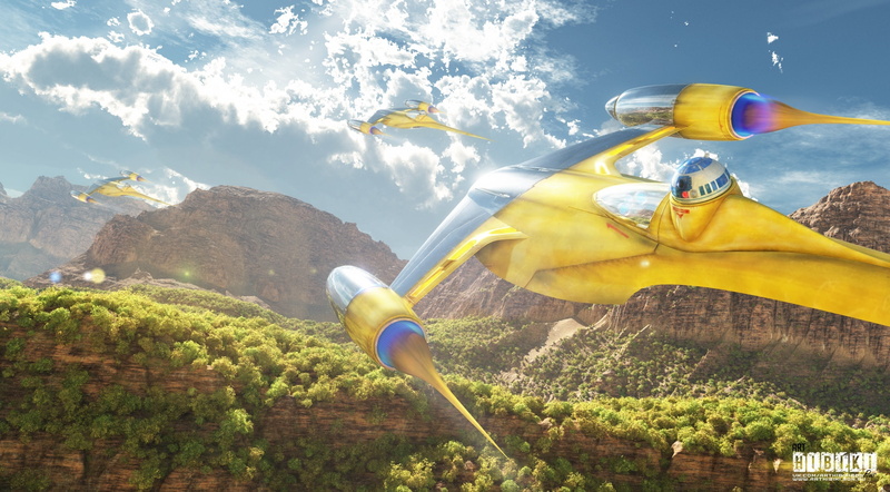 nature, non-urban scene, mountain range, day, mountain, cloud - sky, scenics - nature, outdoors, yellow, starfighter, painting, ship, 2K, Star Wars, sky