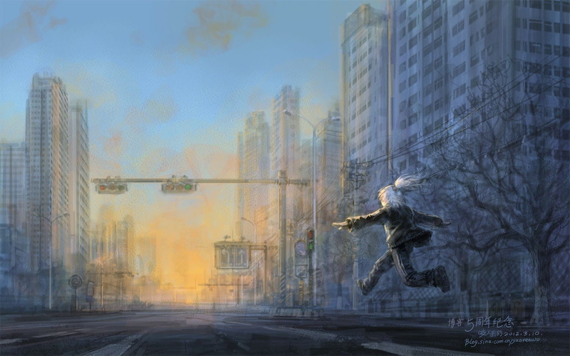 jumping, 720P, cities, hair, yaorenwo, white, sunrise
