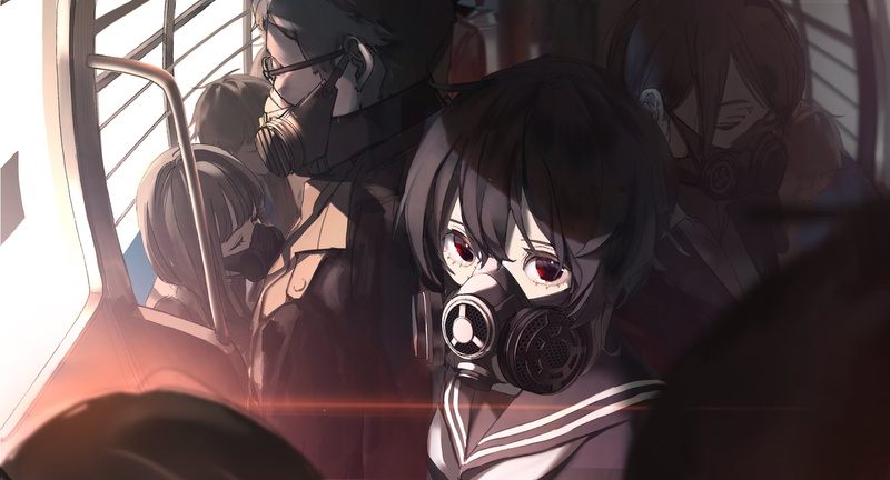 anime girls, anime, sailor uniform, red eyes, short hair, metro, respirator, light effects, Sailor suit, 2K, brunette