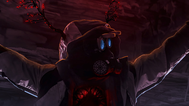 gas masks, 1080P, dark, antlers, artwork, respirator, blue eyes, goggles, hoods