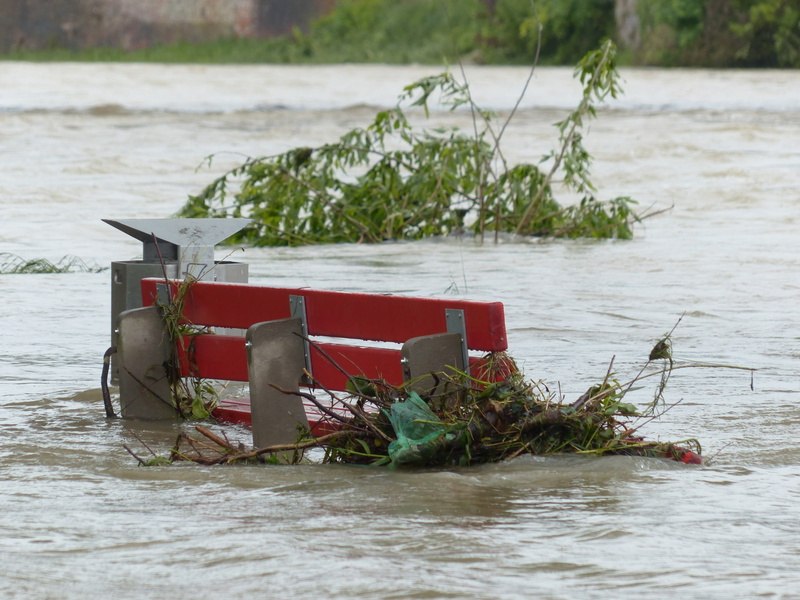 close-up, no people, box, park bench, natural disaster, 4K, river, flooded, wood - material, plant, red, water, flood disaster, flooding, day, environmental protection