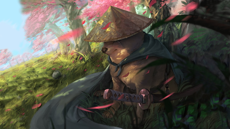 dog, 4K, katana, cloack, trees, petals, samurai, grass, crying