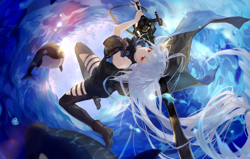red eyes, anime girls, orca, Arknights, 5K, Skadi(Arknights), long hair, water drops, sea, blonde, sword, cloack, anime