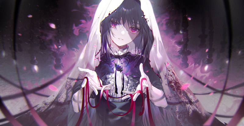 purple eyes, looking at viewer, magic, cloack, Mahou Shoujo Madoka Magica, anime, blood, crying, Akemi Homura, petals, ribbons, 1080P, anime girls, black hair