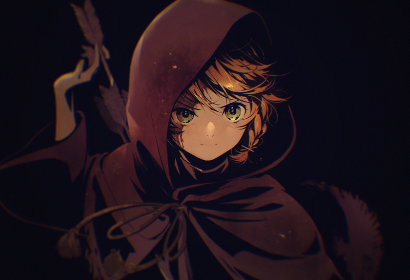 arrows, 4K, bow, green eyes, redhead, scars, anime, short hair, Emma (The Promised Neverland), cloack, anime girls, black background