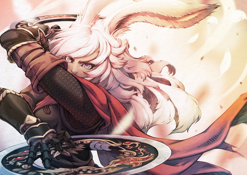 chakram, feathers, looking at viewer, long hair, 1080P, Armored, white hair, cloack, blonde, animal ears, anime, anime girls