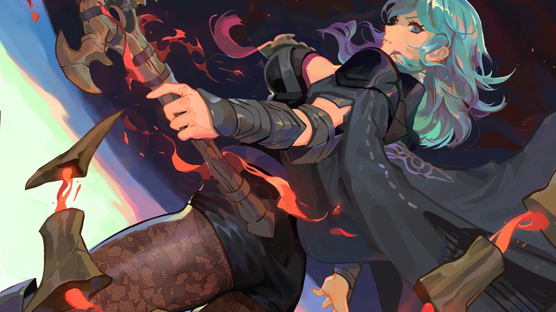 long hair, blue eyes, anime, wands, Armored, 1080P, aqua hair, cloack, anime girls, tights
