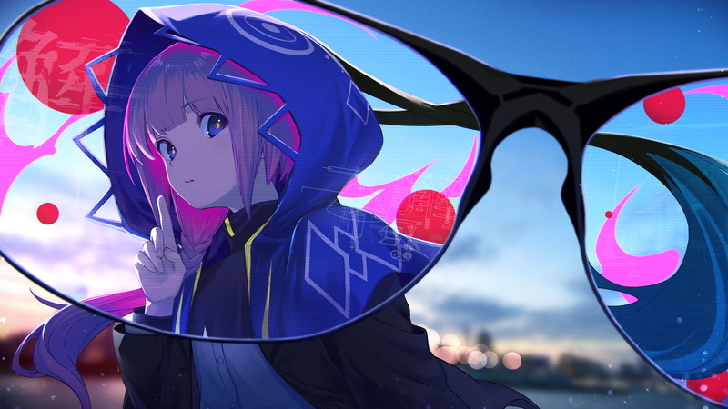 glasses, sunset, anime girls, looking at viewer, 5K, clouds, Virtual Youtuber, city lights, long hair, blue eyes, sky, cloack, anime