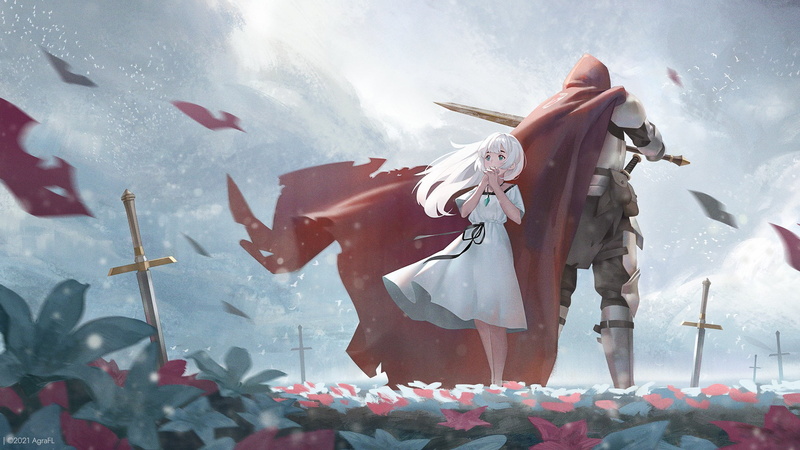 anime, flowers, cloack, sword, 1080P, praying, blonde, anime girls, clouds, armored, necklace, long hair, birds, skirt, petals, knight, green eyes
