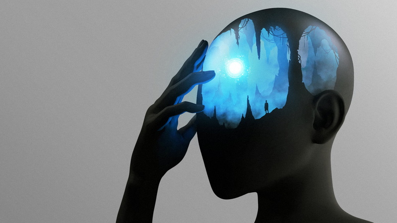1080P, glowing, electricity, science, cave, cyan, lighting equipment, human hand, artwork, blue, one person, hands on head, gray, human body part, silhouette