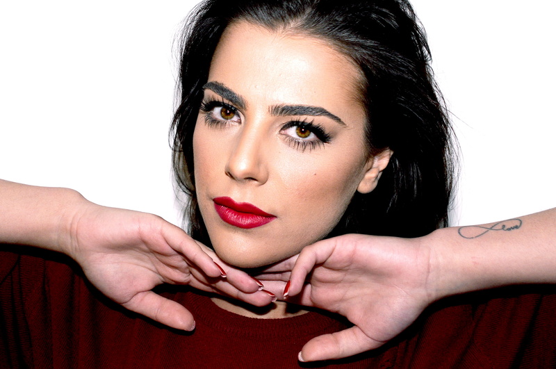 front view, beauty, white background, red, makeup, fashion, hair, europe, italian, young women, studio shot, beautiful, indoors, looking at camera, beautiful woman