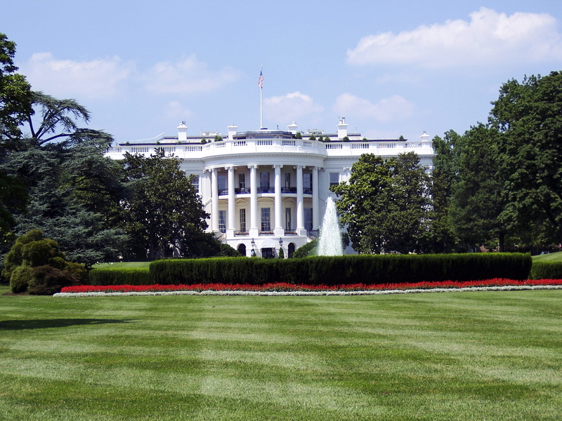 trees, house, lawn, green color, flag, building, cloud - sky, sky, park, no people, government, architecture, washington dc, outdoors, facade, day, administration