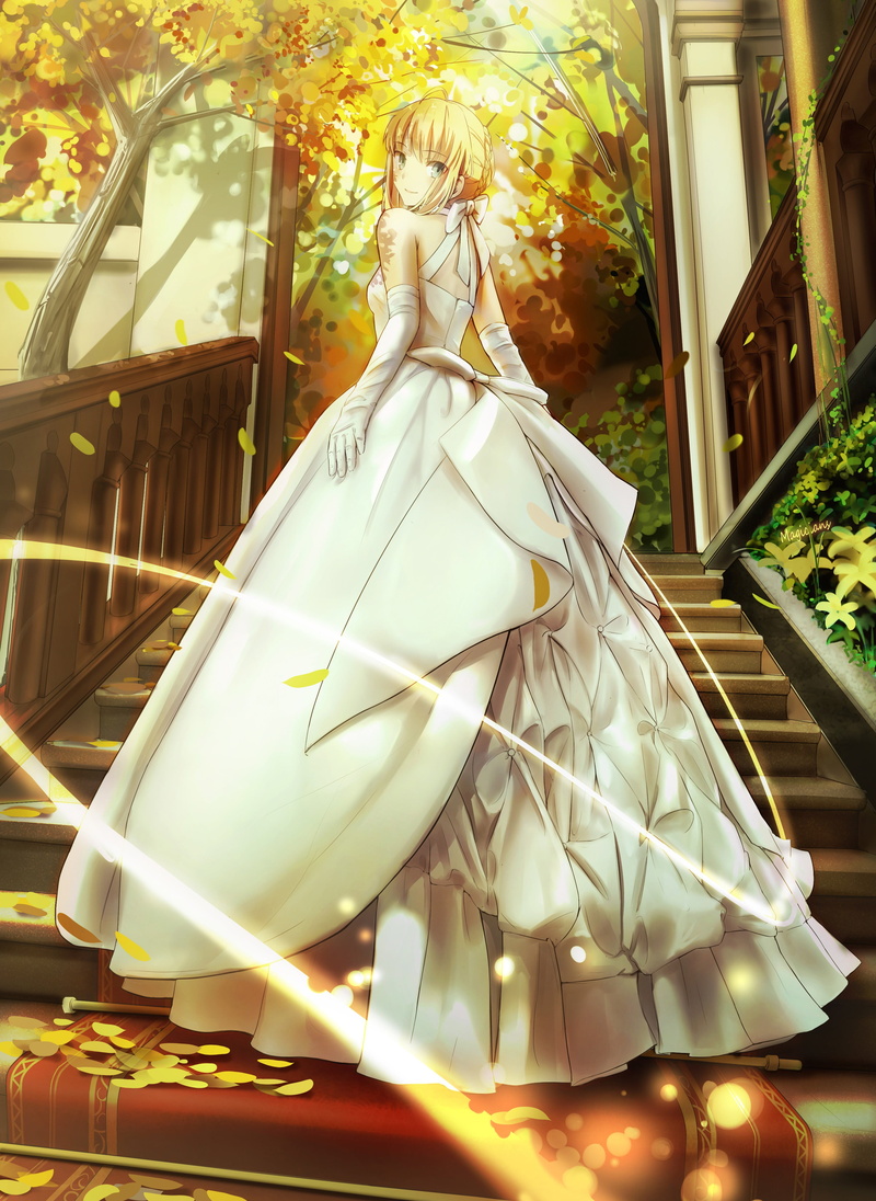 outdoors, nature, wedding dress, yellow, Fate/Stay Night, 4K, anime girls, anime, decoration, Saber, day, dress, fashion, tree, hanging, character, no people