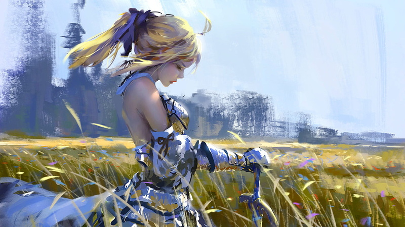 outdoors, plant, one person, looking, wind, hair, 1080P, lifestyles, standing, beautiful woman, nature, armor, three quarter length, side view, digital art
