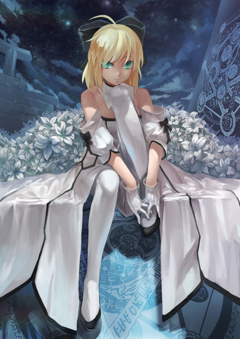 hair, night, white color, beautiful people, fashion, 1080P, blond hair, young women, indoors, anime girls, Saber, adult, swimming pool, green eyes, beauty