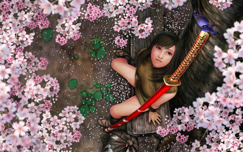 bench, handled, girl, cover, red, tree, sword, woman, anime, cherry, katana, brown, blossom, 1080P, 1920x1200