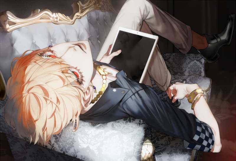 Gilgamesh, red eyes, iPad, FGO, 720P, Male, couch, gold, Fate/Grand Order, blonde