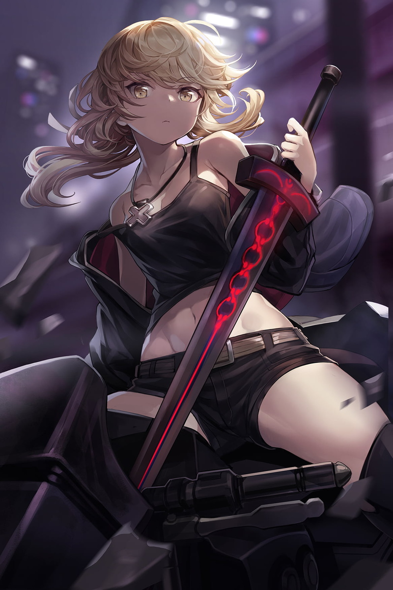 portrait display, green eyes, vertical, digital art, anime girls, artwork, blonde, long hair, girls with swords, shorts, 720P, sword, anime, FGO, Fate