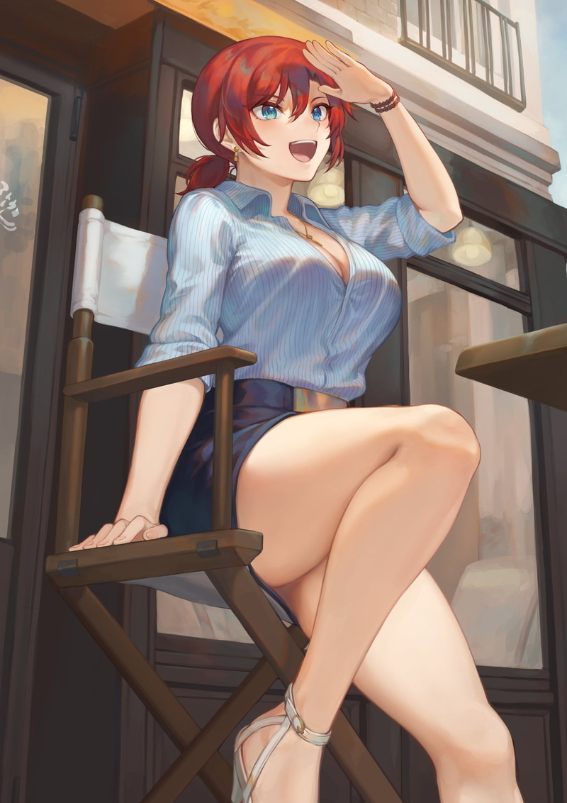 artwork, Fate/Grand Order, blue eyes, open mouth, vertical, Boudica (Fate/Grand Order), redhead, portrait display, ponytail, Smile, anime, short pants