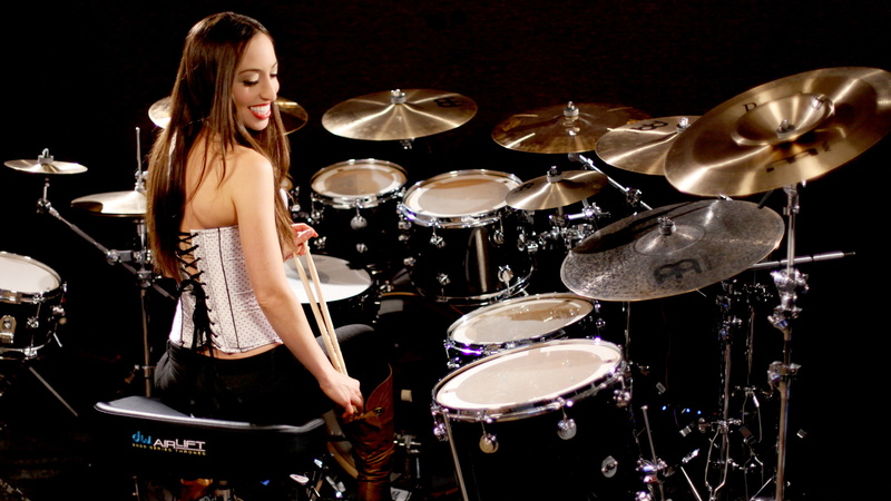 drumstick, beautiful woman, rock music, one person, arts culture and entertainment, performance, black background, drums, drum kit, indoors, corset, music