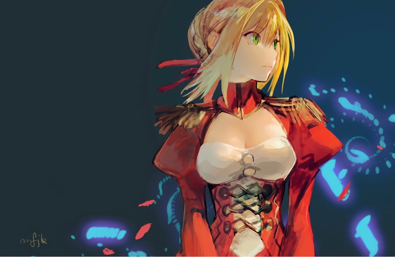blond hair, green eyes, human representation, floral pattern, Saber, anime, flower, art and craft, indoors, red, studio shot, illuminated, flowering plant