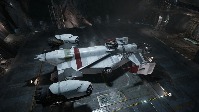 law, machinery, cutlass star citizen spaceship robert space industries drake interplanetary hangar, directly above, technology, weapon, air vehicle, day
