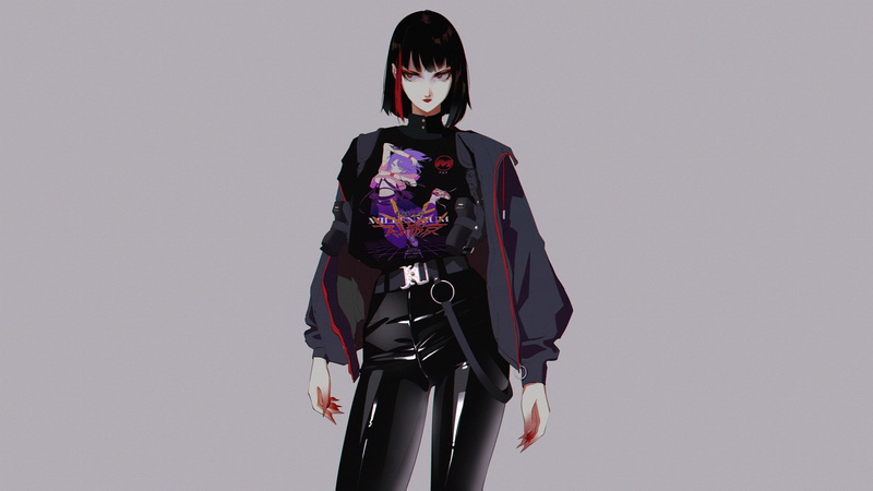 4K, red eyes, Vinne, holster, original characters, anime girls, black hair, gun, jacket, anime, belt, red lipstick, digital art