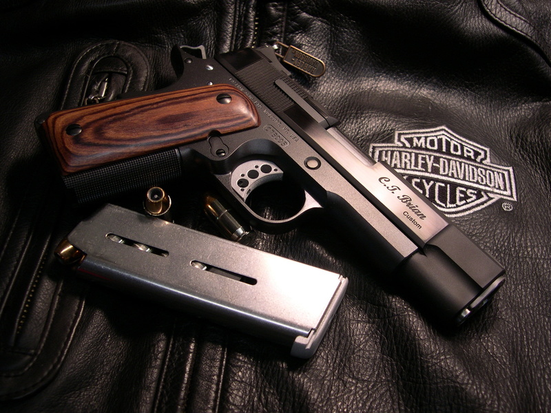high angle view, semi, security, police Force, 1911, gun Holster, still life, cartridges, warning sign, Harley-Davidson, weapon, m1911, studio shot, close-up