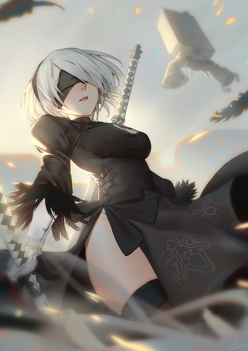 nature, digital composite, representation, three quarter length, young women, young adult, blindfold, low angle view, black dress, 2B (Nier: Automata)