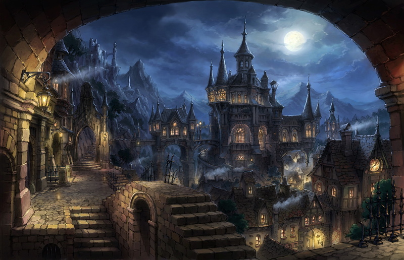 Gothic, clouds, stones, 1080P, Moon, night, anime, haze, castle, city, summer, sky, mountains