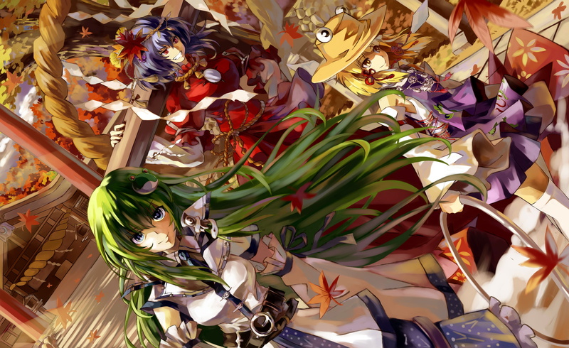 maple leaves, choice, blue hair, hat, multi Colored, sanae, 4K, flower arrangement, abundance, miko, for sale, creativity, indoors, Kochiya Sanae