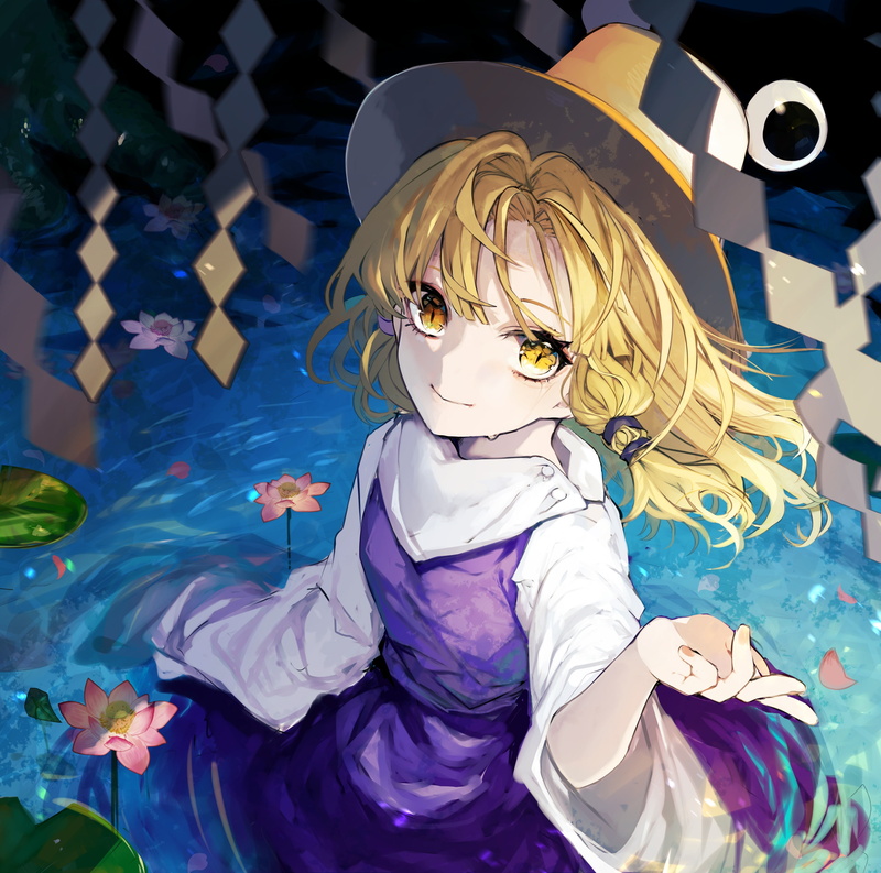 one person, Anime, women, blonde, celebration, craft, indoors, moriya suwako, touhou, water, female likeness, multi colored, waist up, close-up, hat, childhood