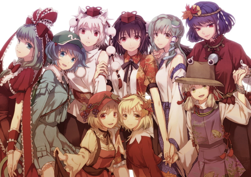 minoriko, shizuha, kawashiro, kagiyama, nitori, yasaka, kanako, 1080P, hina, moriya, aya, shameimaru, ruria, sanae, group, miyuki, kochiya, aki, suwako