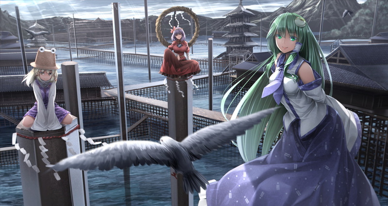 Touhou, Anime, nature, three quarter length, technology, human representation, people, Suwako Moriya, standing, water, Kanako Yasaka, females, railing