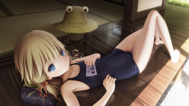 video games, relaxation, anime girls, home interior, Moriya Suwako, school swimsuits, bangs, young women, beautiful woman, adult, yellow, fashion, high angle view