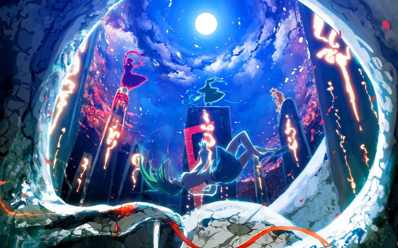 anime, moriya, kochiya, artwork, Moon, Touhou, abstract, kanako, yasaka, suwako, girls, hd, sanae, art, fantasy, skyscapes, 720P