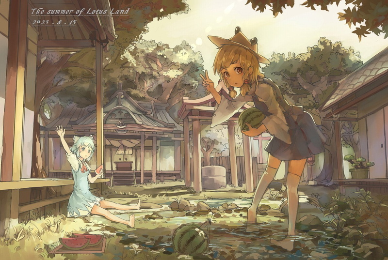 hat, barefoot, touhou, watermelon, eyes, moriya, cirno, suwako, twintails, hair, brown, dress, building, tree, 720P, blonde, thighhighs, blue, water