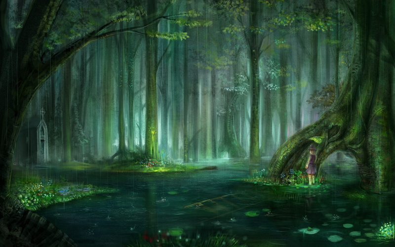 touhou, forest, goddess, video, blondes, water, hd, rain, flowers, 2K, suwak, Green, temples, games, trees, moriya, art, nature
