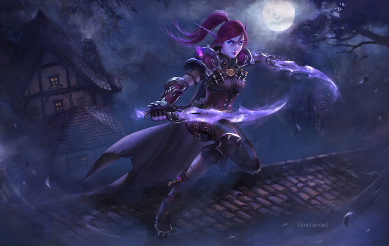 night, rooftops, blue eyes, 720P, drawing, women, blood elves, redhead, ponytail, shadow, fantasy art, weapon, cape, Warcraft, Tatiana Hordiienko