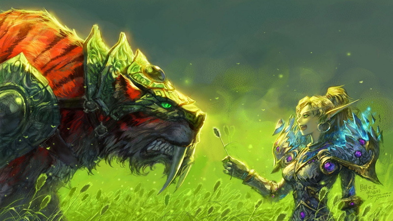 wildlife, world of warcraft, landscape, artwork, Blood Elf, nature, grass, fantasy Art, animals, 1080P, creature, Tiger, elves