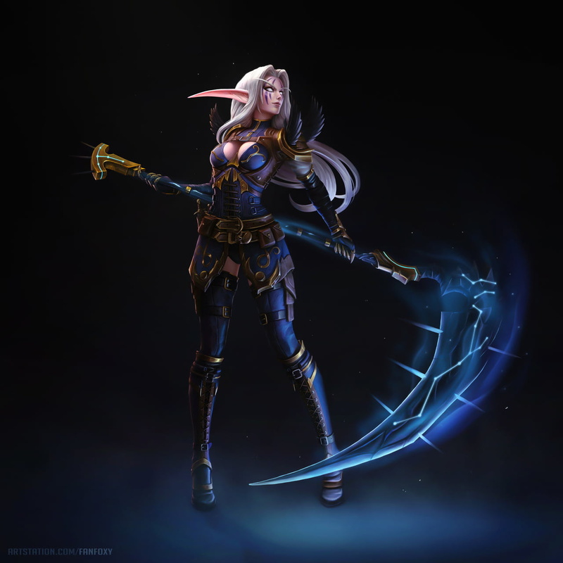elves, weapon, 720P, fantasy art, blood elves, pointy ears, dress, dark, drawing, long hair, magic, Warcraft, silver hair, Fanfoxy, scythe