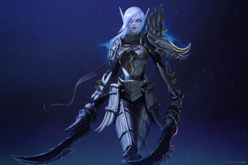 night, spikes, blood elves, drawing, weapon, video game art, bones, Warcraft, 4K, armor, Death Knight, women, glowing eyes, sword, Fanfoxy, World of Warcraft