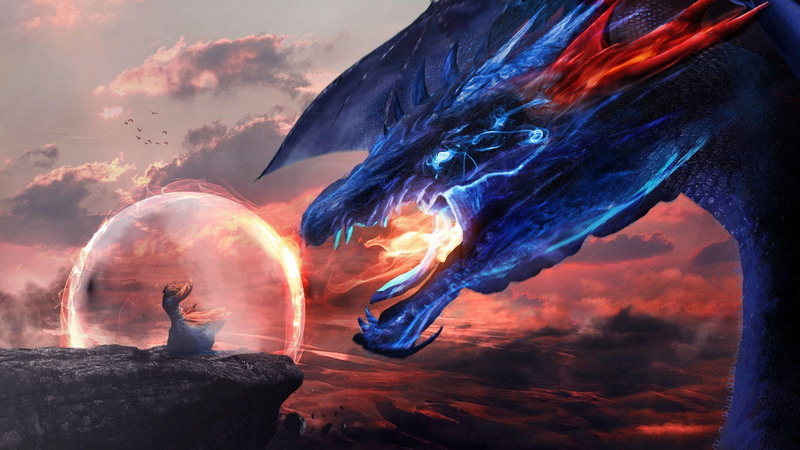 vs, cloud, fires, blue, 1920x1080, flame, dragon, blowing, wizard, man, bubble, shield, 1080P, illustration, fantasy, cliff, fire