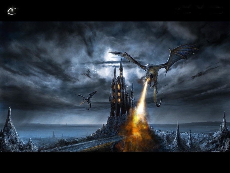 digital composite, two, tree, storm, dragons, dark, environment, animated, landscape, built Structure, no People, mode of transportation, smoke - Physical Structure
